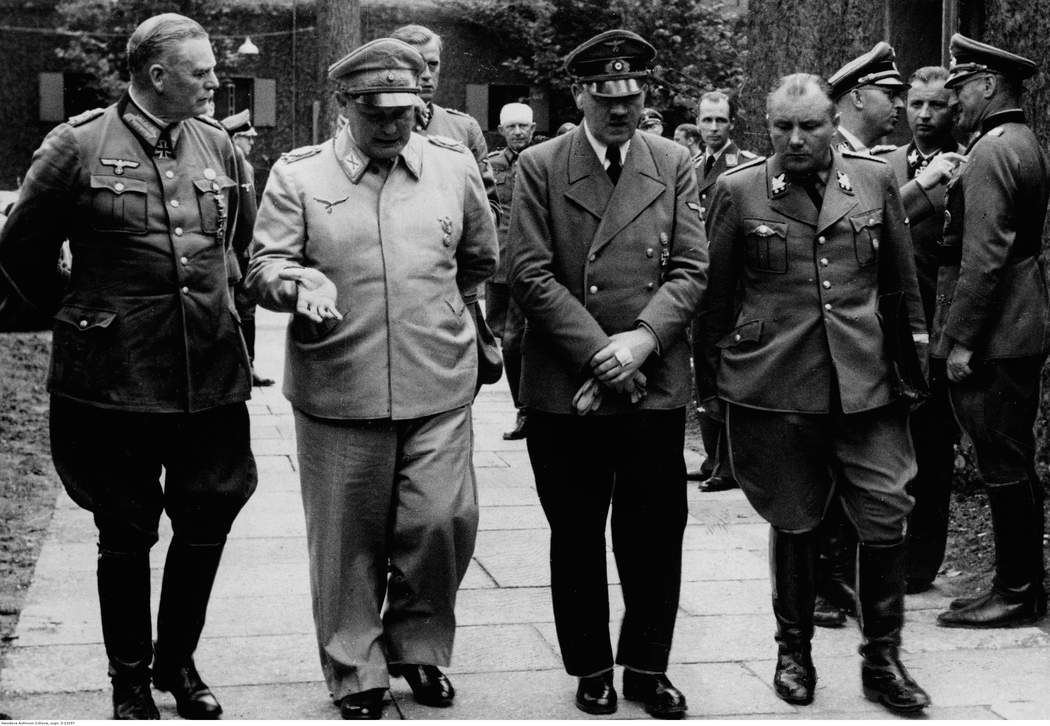 Adolf Hitler with Hermann Göring, Wilhelm Keitel and Martin Bormann at the Wolfsschanze the afternoon after the failed bomb attempt